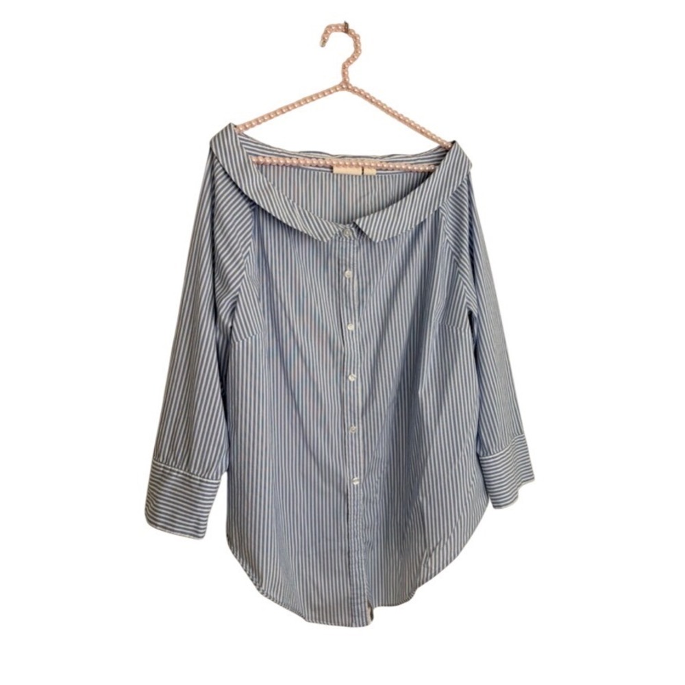 Chico's Striped Portrait Collar Shirt 3 Blue Whiteโ XL cotton Off Shoulder Top